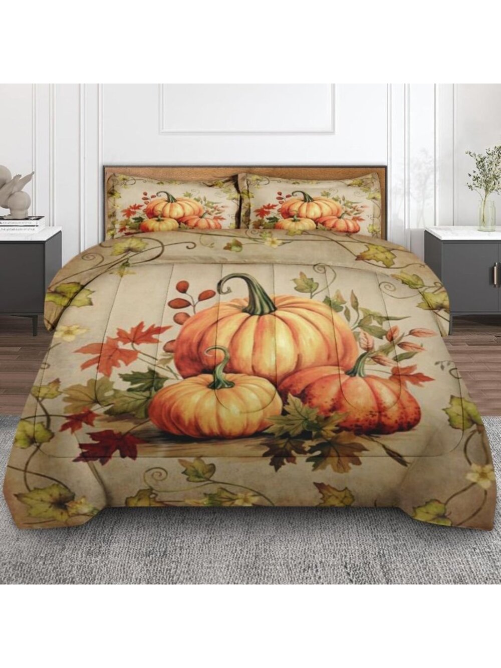 Cozy Fall Comforter Set of 3, King Size, Autumn Pumpkin Bedroom Decor